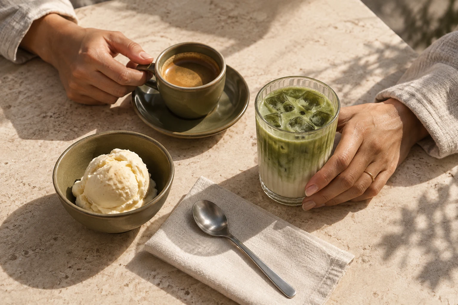 Coffee, iced matcha, and a scoop of gelato shared around a table