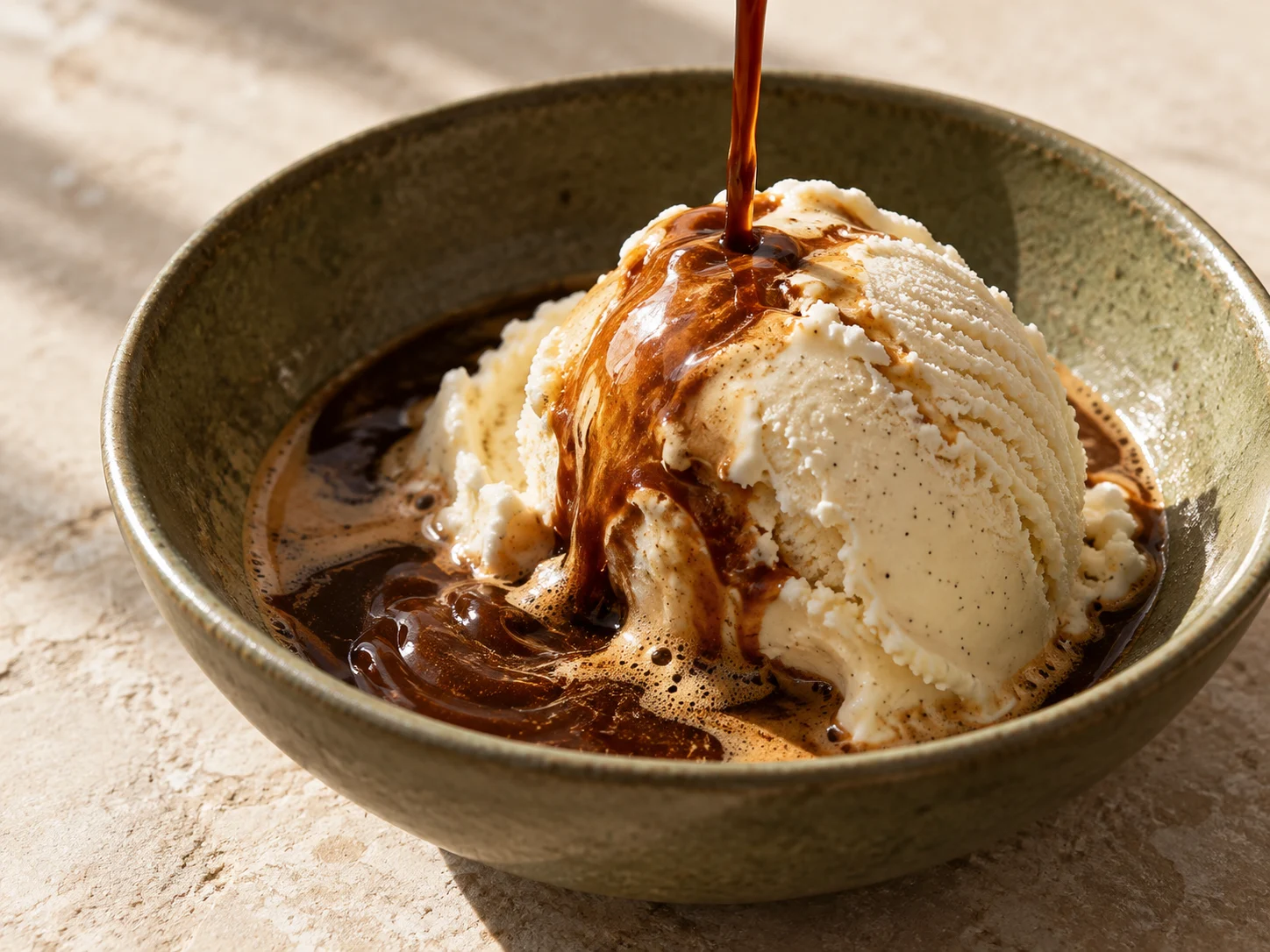 Espresso being poured over a scoop of gelato