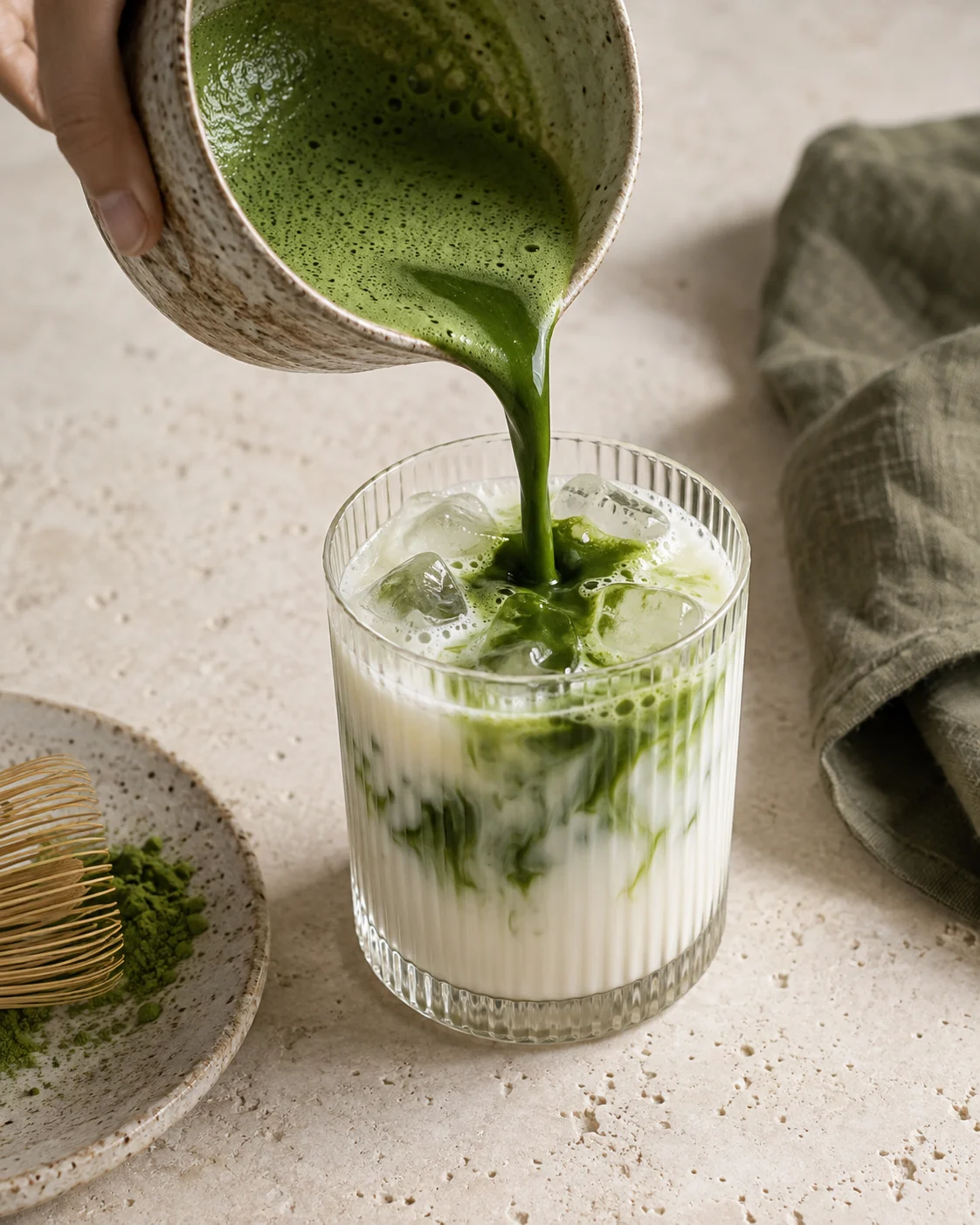 Green matcha being poured into a glass of iced milk